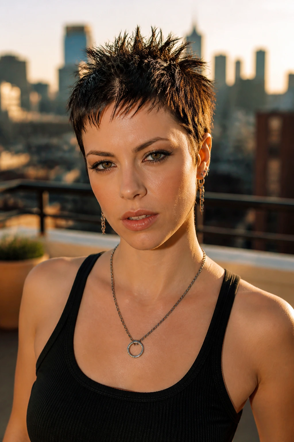 Close-up portrait of a real woman with a spiky gel pixie hairstyle