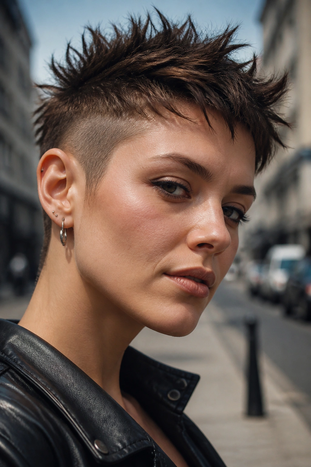 Close-up portrait of a real person with a spiky 90s-inspired pixie