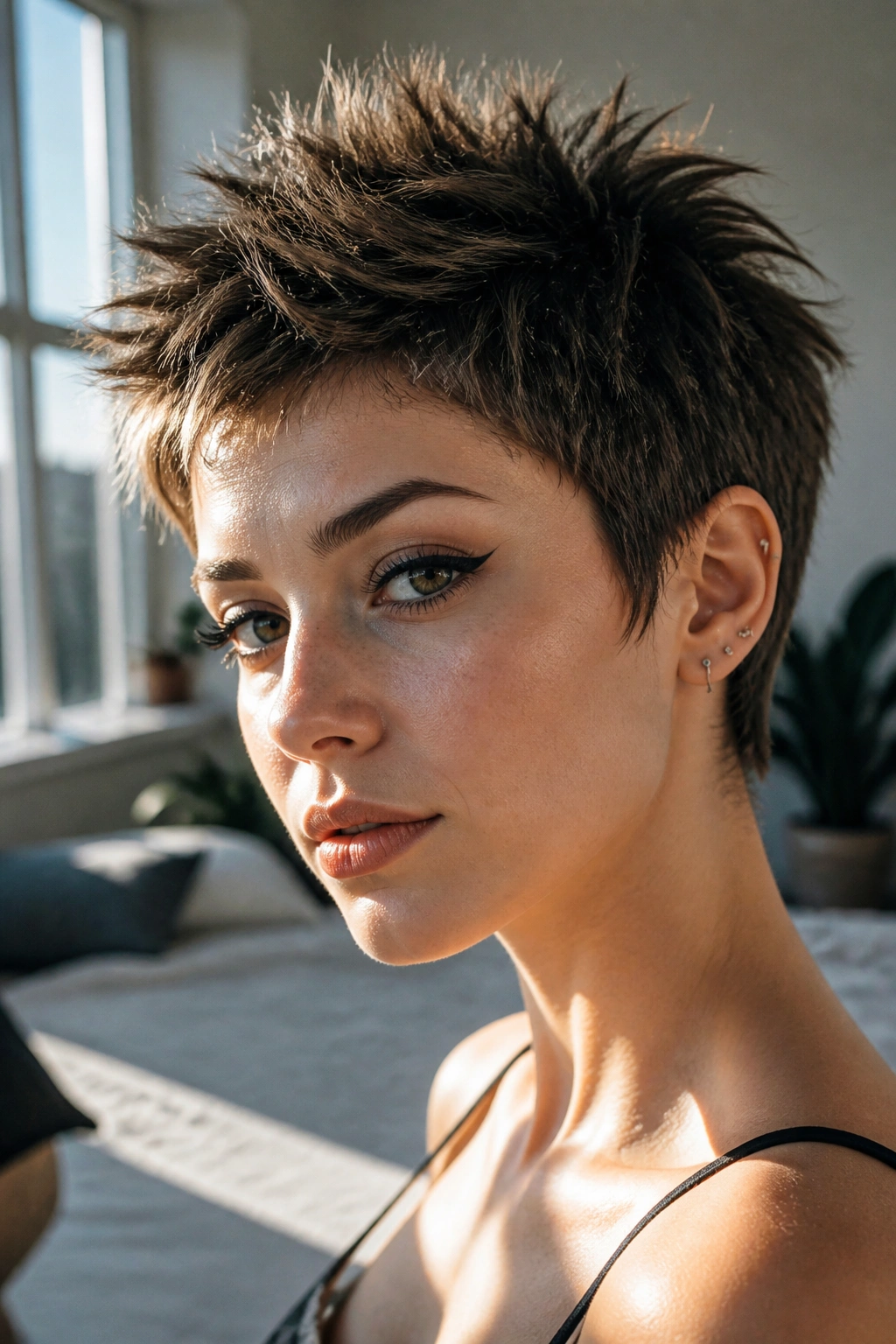 Close-up of a person with spiky bedhead pixie in a sunlit room