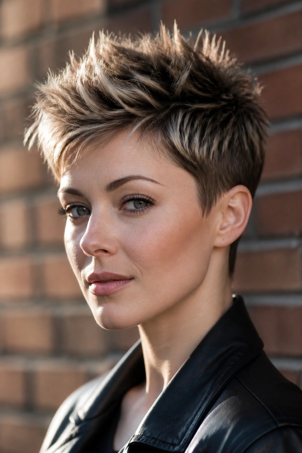 Portrait of a real person with a spiky crop pixie outdoors in daylight