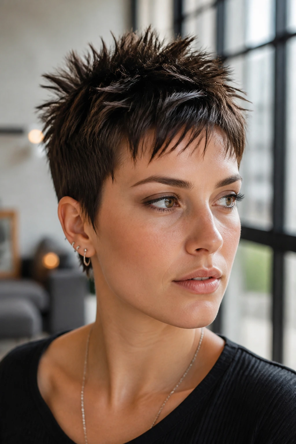 Close-up portrait of a person with spiky pixie crown and choppy crown layers, straight hair.