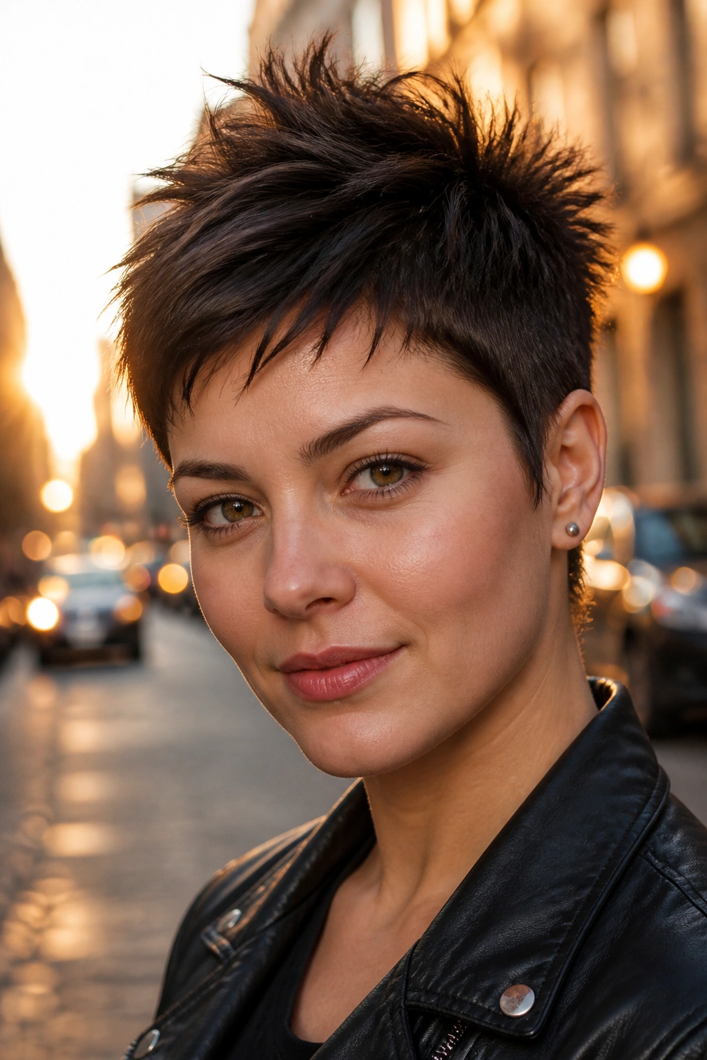 Close-up of a real woman with a bold spiky pixie hairstyle