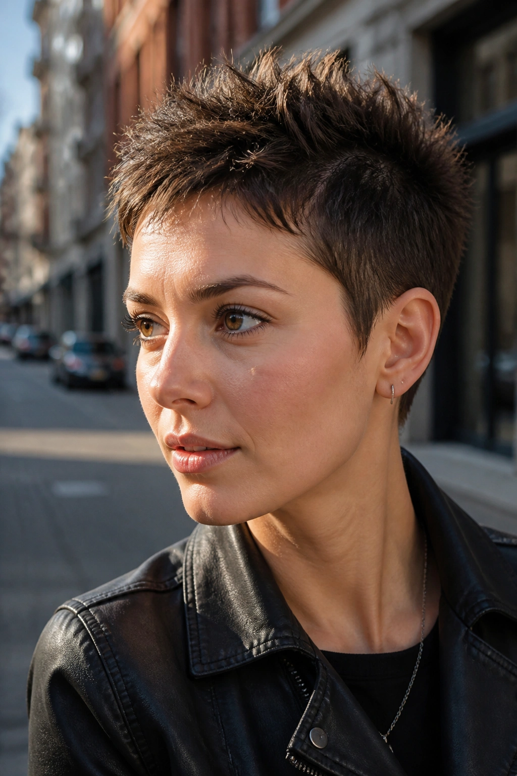 Close-up of a real person with short spiky top on a pixie cut