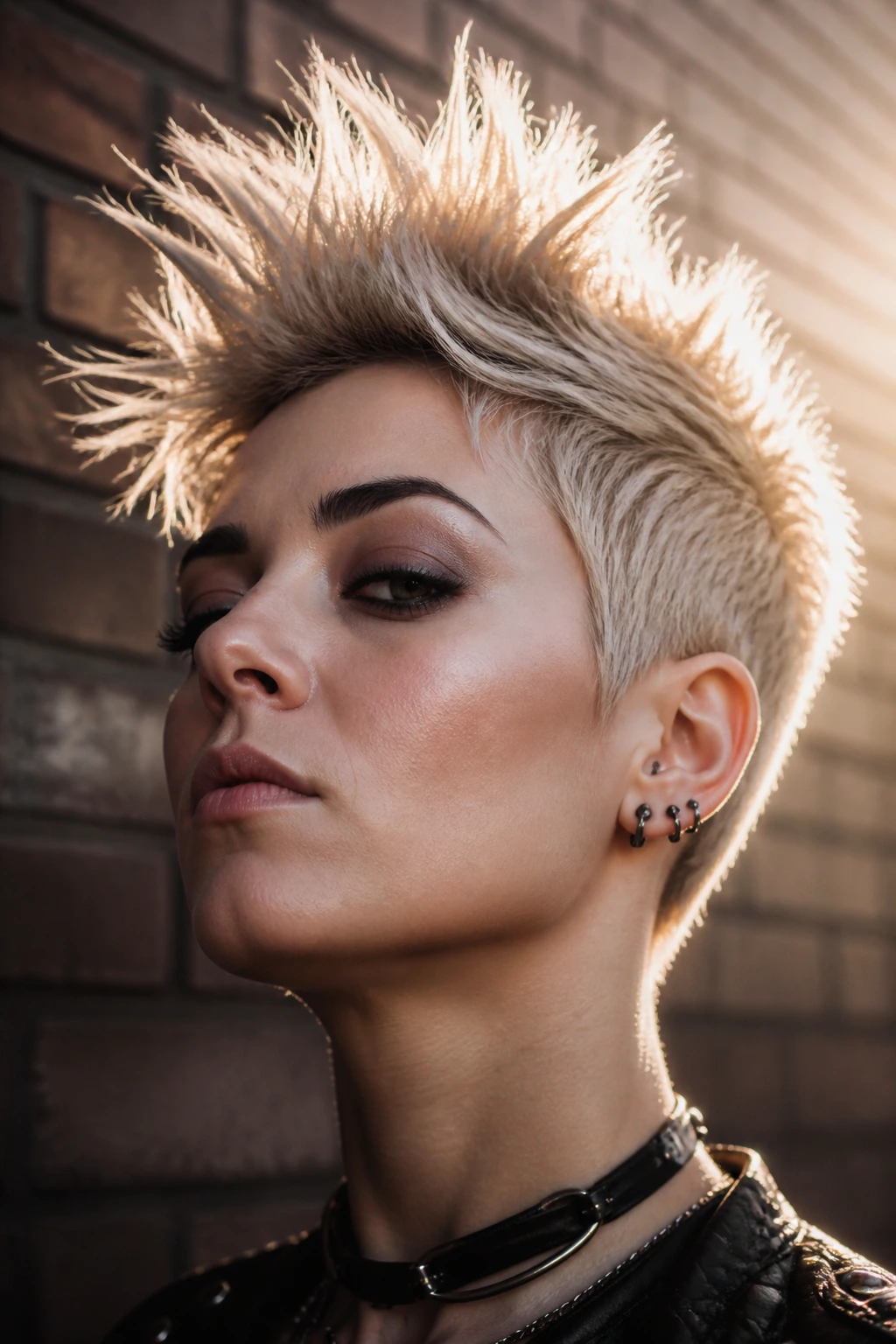 Close-up portrait of a real person with spiky punk pixie against a brick wall