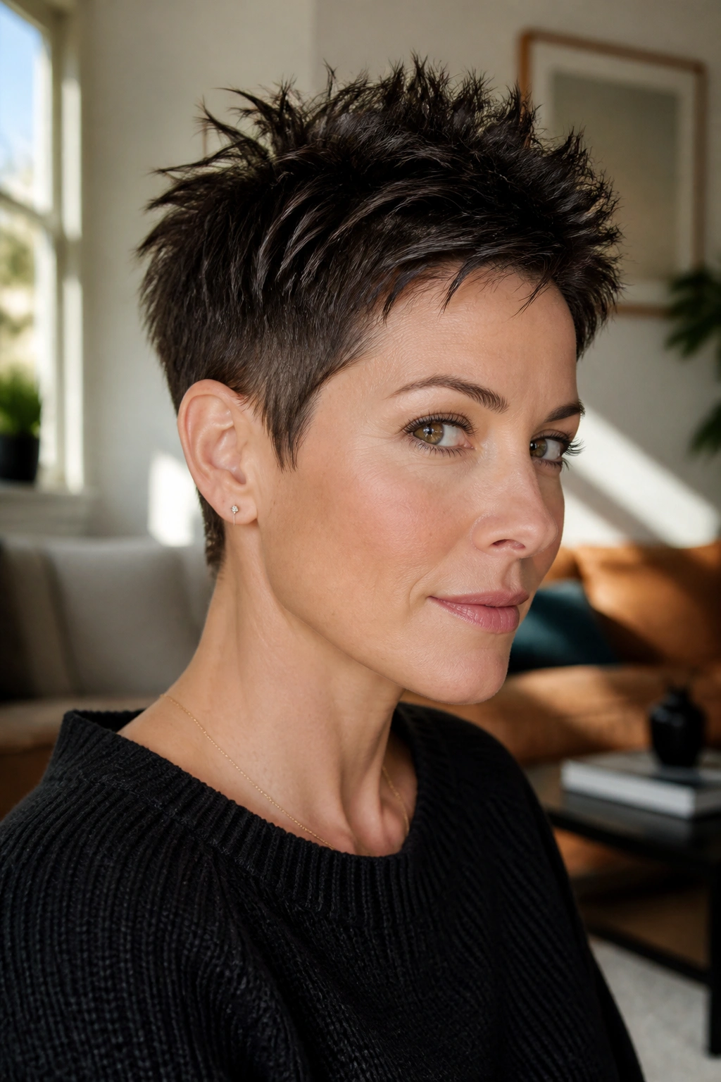Close-up portrait of a real person with a short spiky pixie haircut showing textured spikes and clean sides.