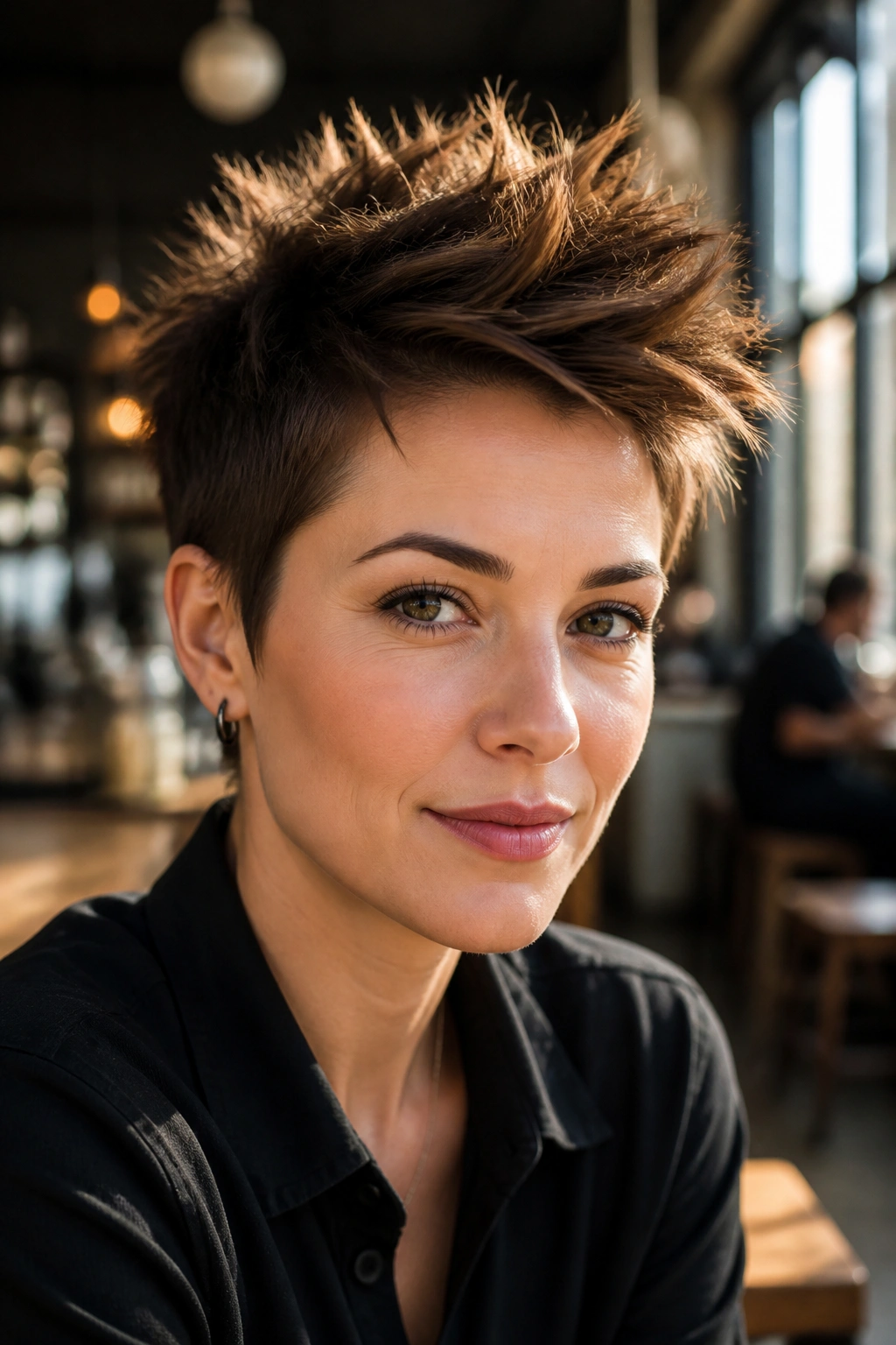 Close-up of a real woman with a spiky pixie texture in cafe lighting