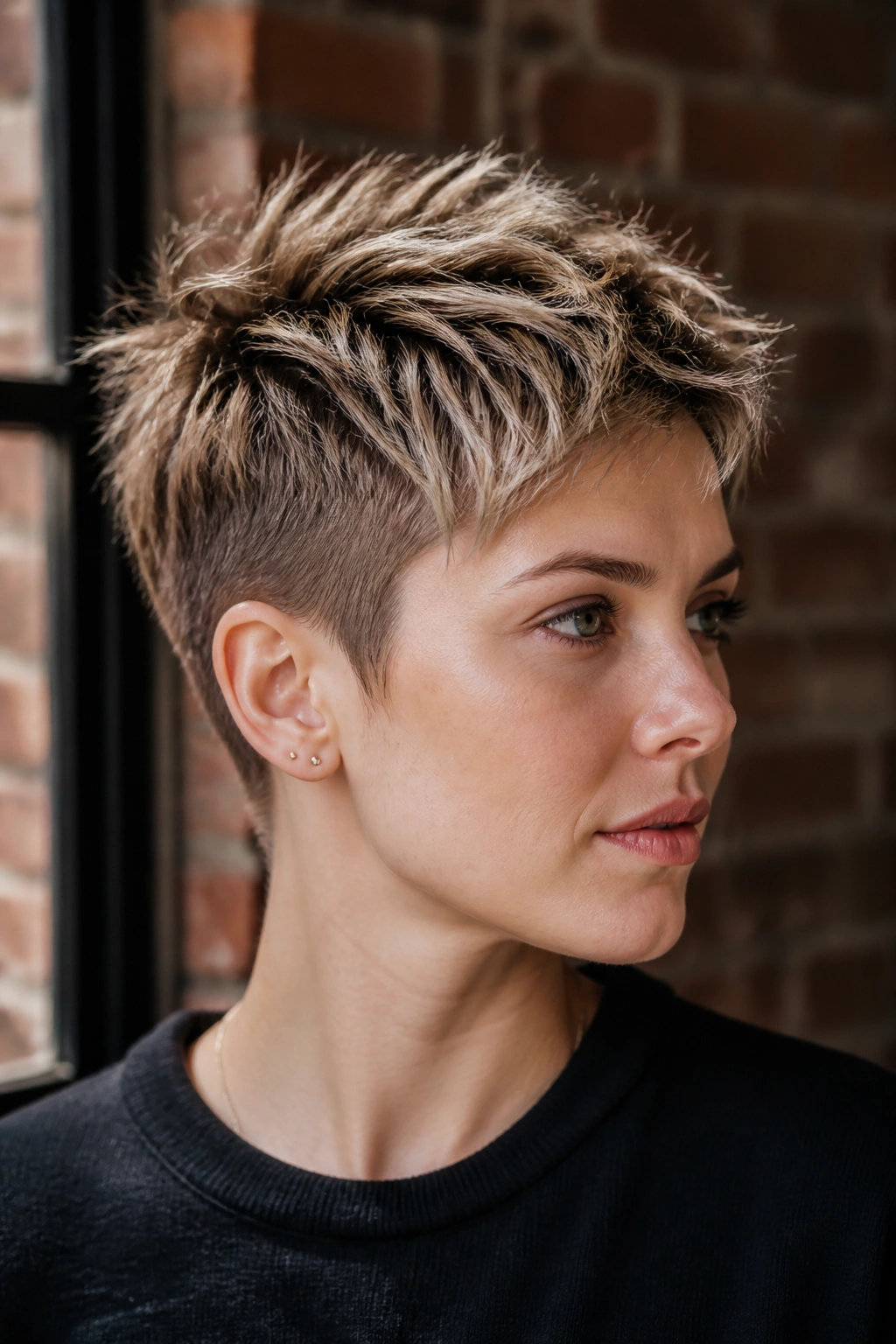 Portrait of a real person with a spiky textured pixie in an urban loft