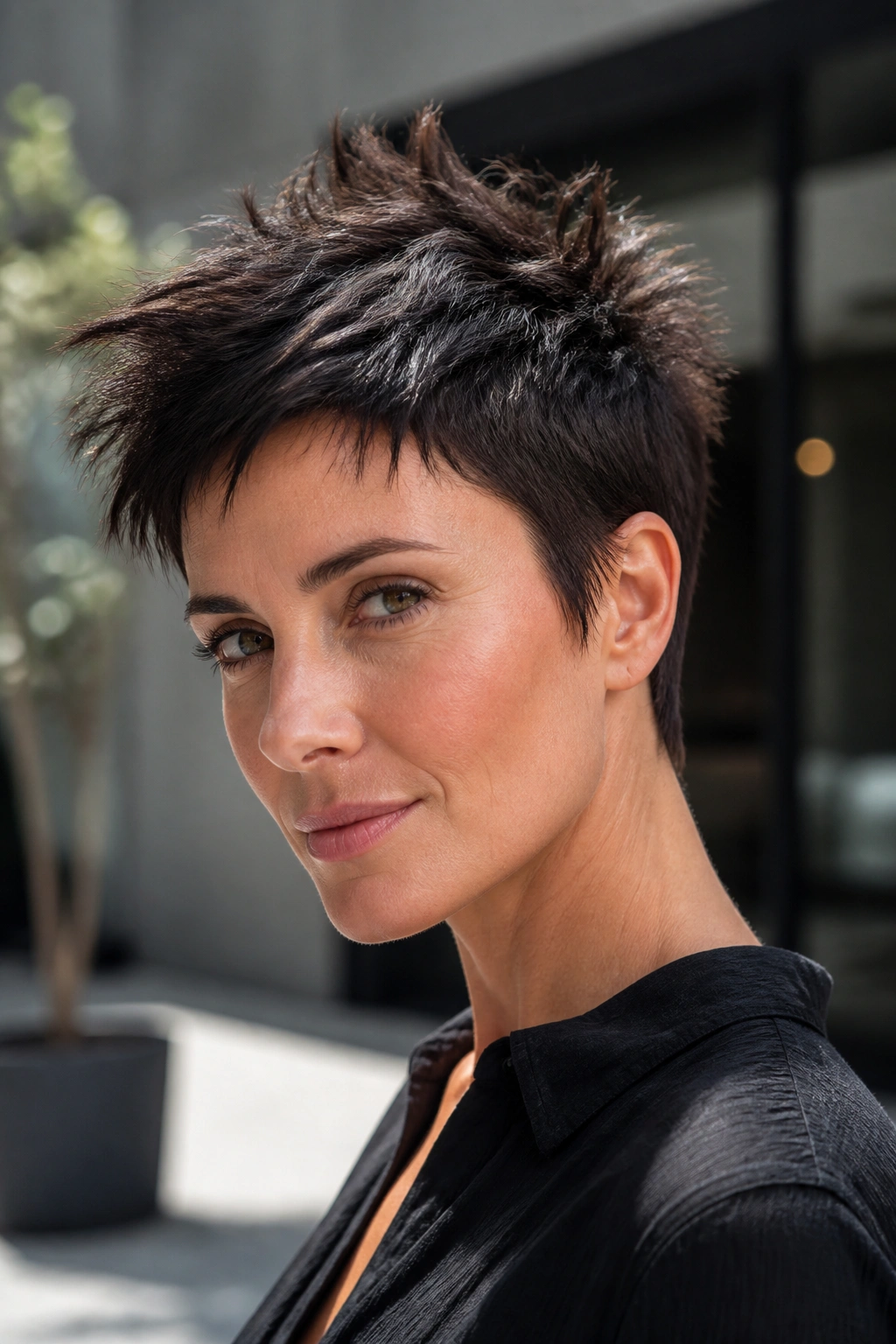 Close-up of real person with spiky pixie hairstyle showing textured spikes
