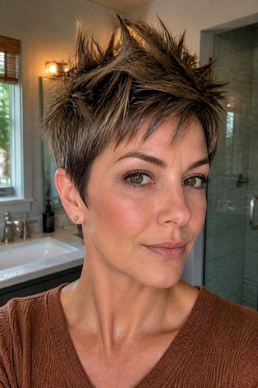 Close-up of a woman with a spiky volume pixie under warm bathroom light