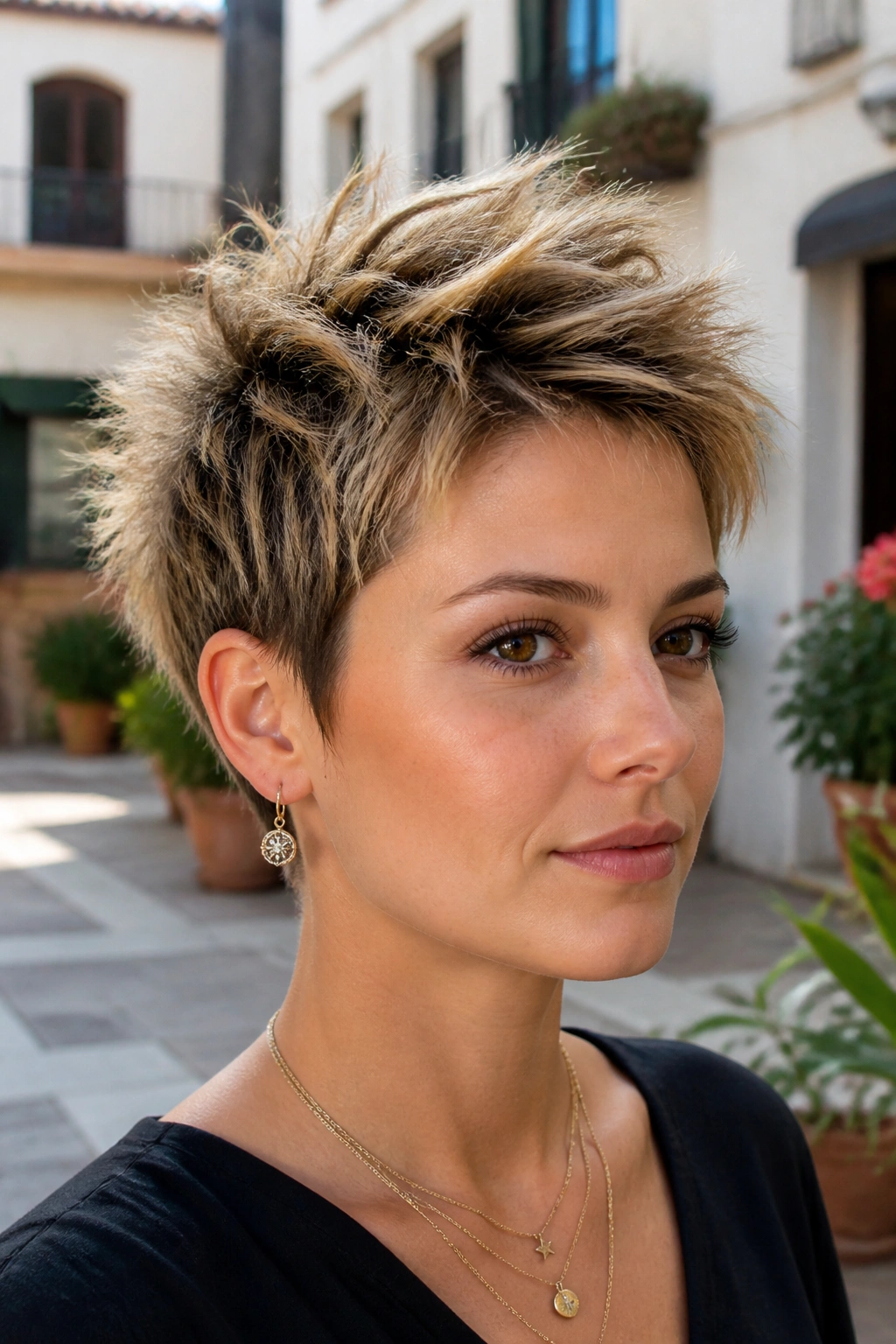 Close-up portrait of a real person with spiky texture pixie