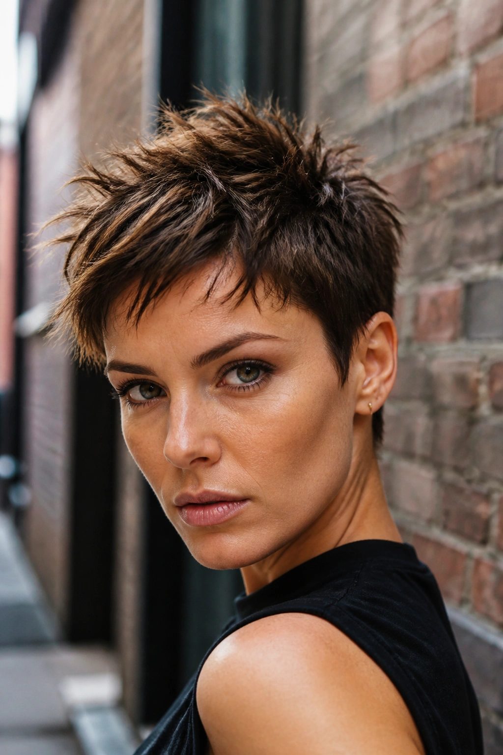 Real woman with spiky textured crop hair in urban daylight.