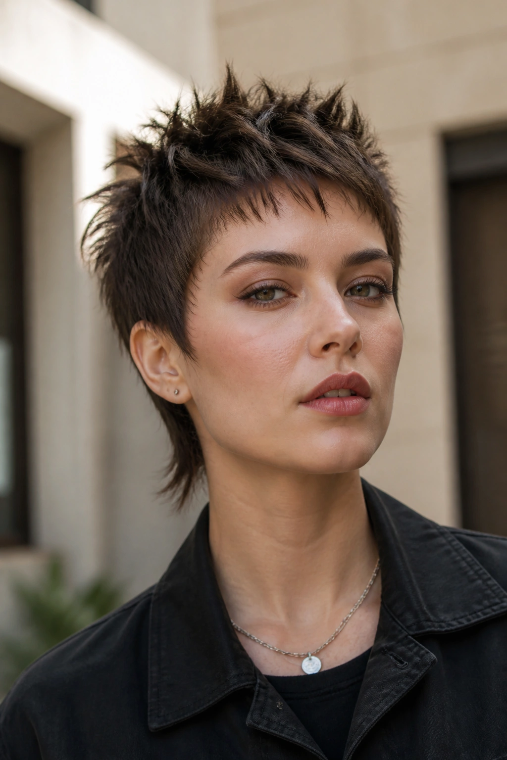 Real person with spiky textured pixie mullet in an urban courtyard