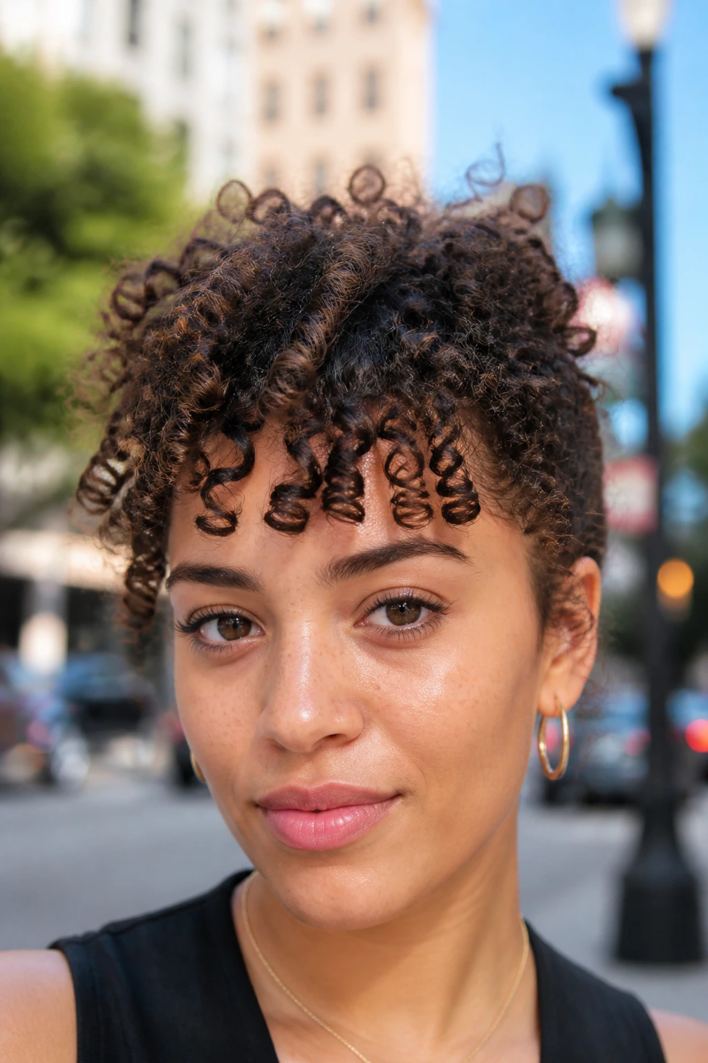 Close-up of a real person with spiral baby bangs showing defined curl loops