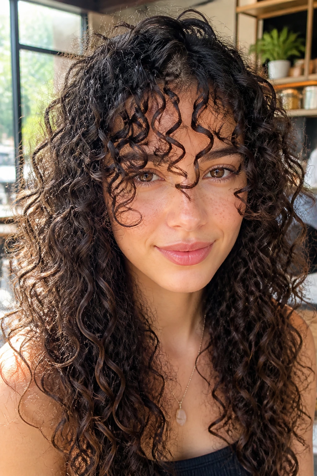 Real woman with spiral curly bangs and soft fringe.