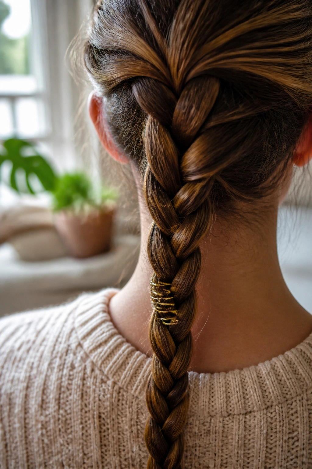 Back-of-head close-up of a real woman wearing spiral coil rings on a braid