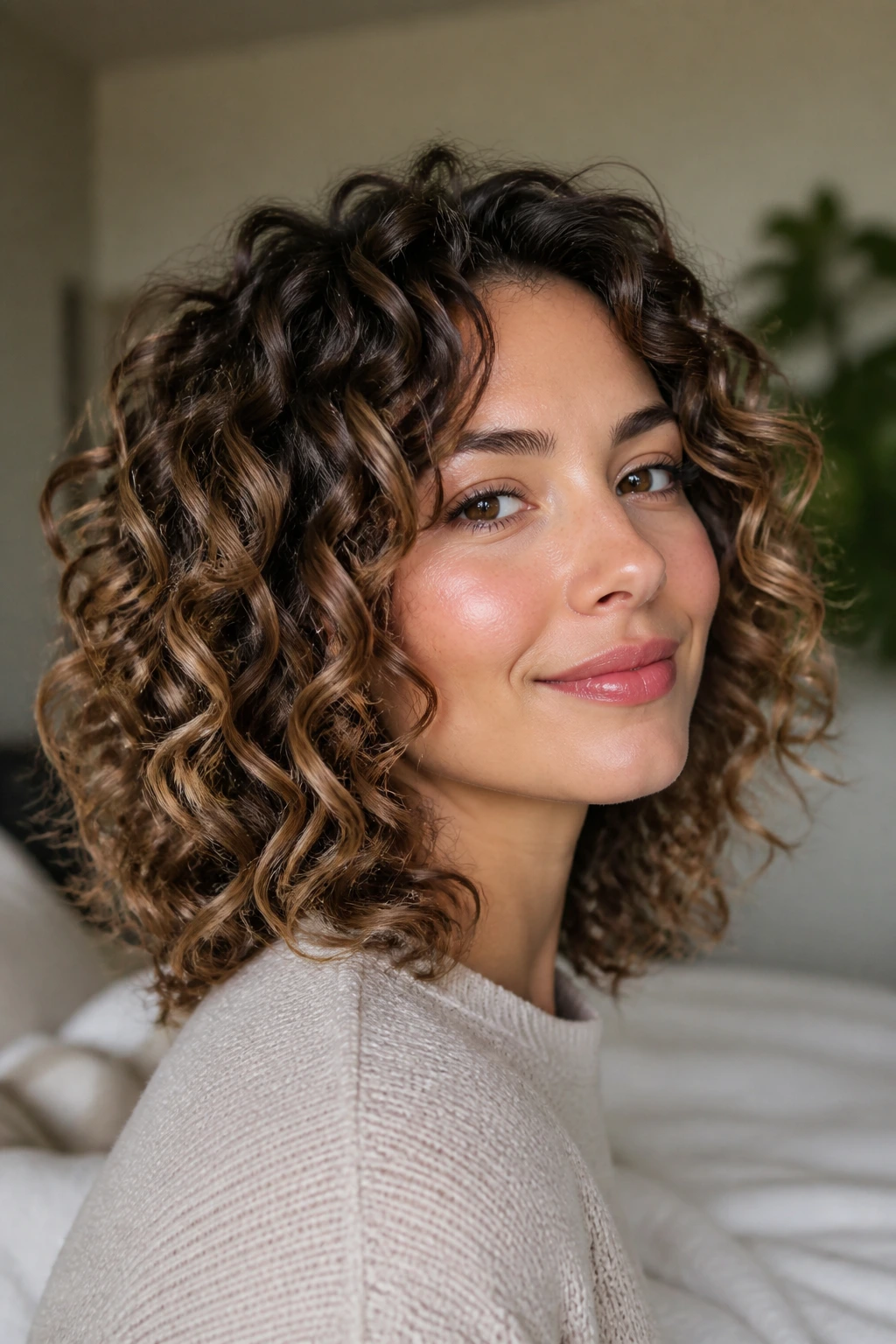 Close-up of a real woman with shoulder-length layered lob showing defined spiral curls