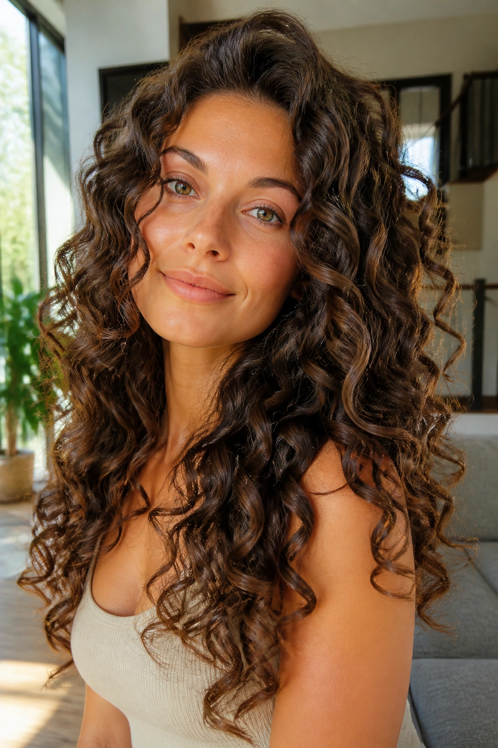 Close-up of a real woman with spiral curls in sunlit living room