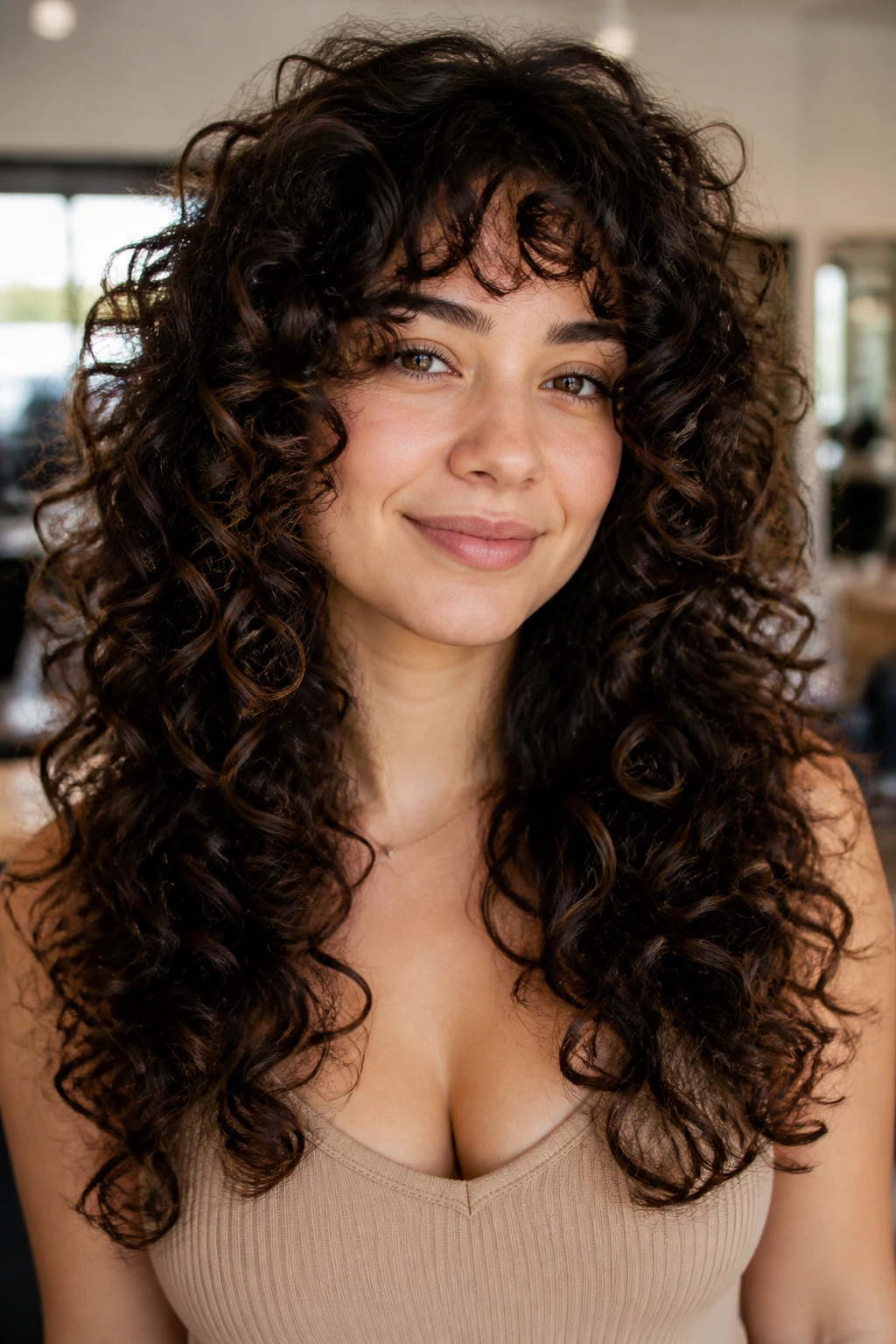 Close-up portrait of a real woman with thick curly hair showing spiral-friendly long layers