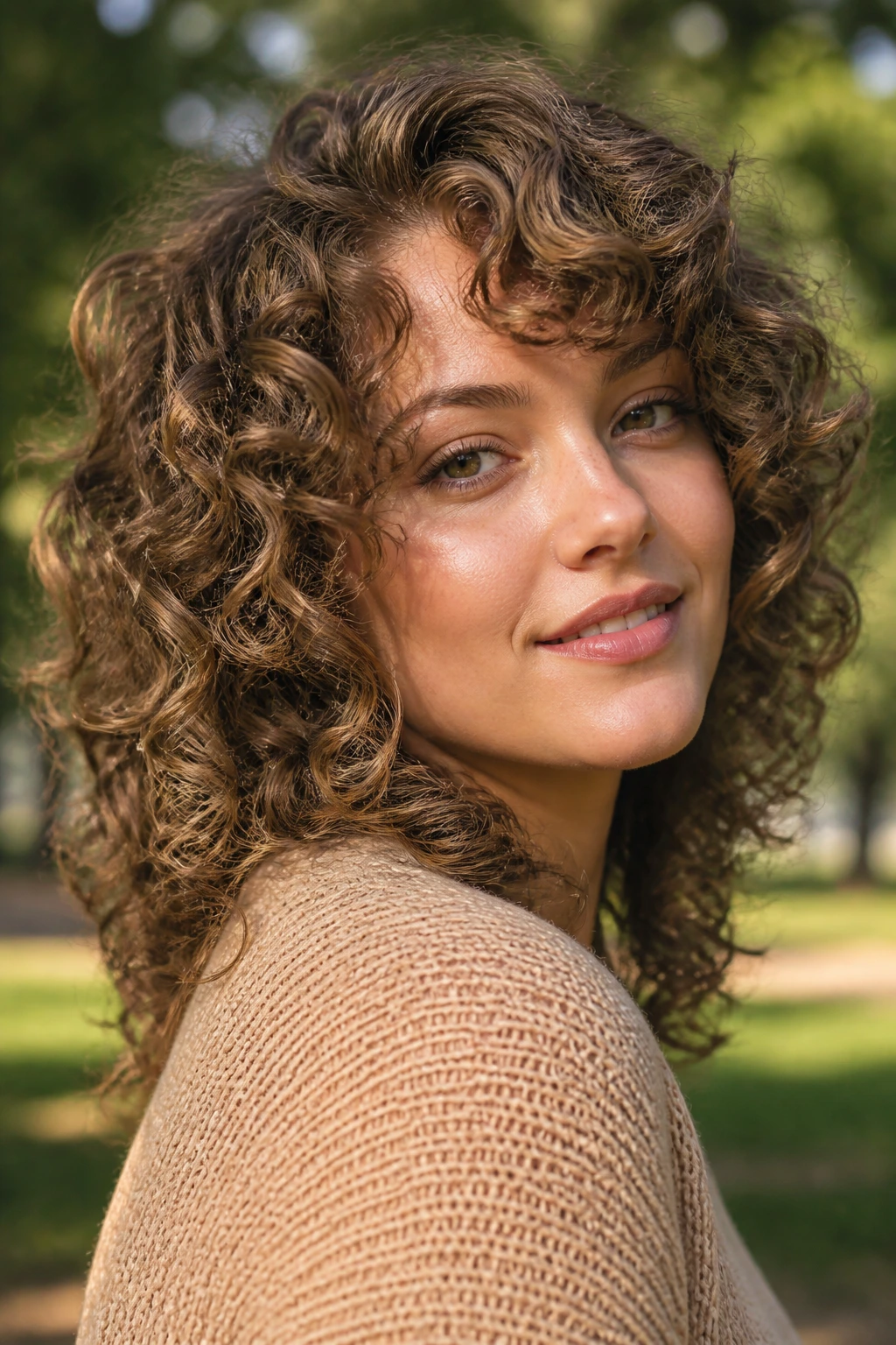 Close-up portrait of a real person with tight spirals in a bouncy shag perm outdoors