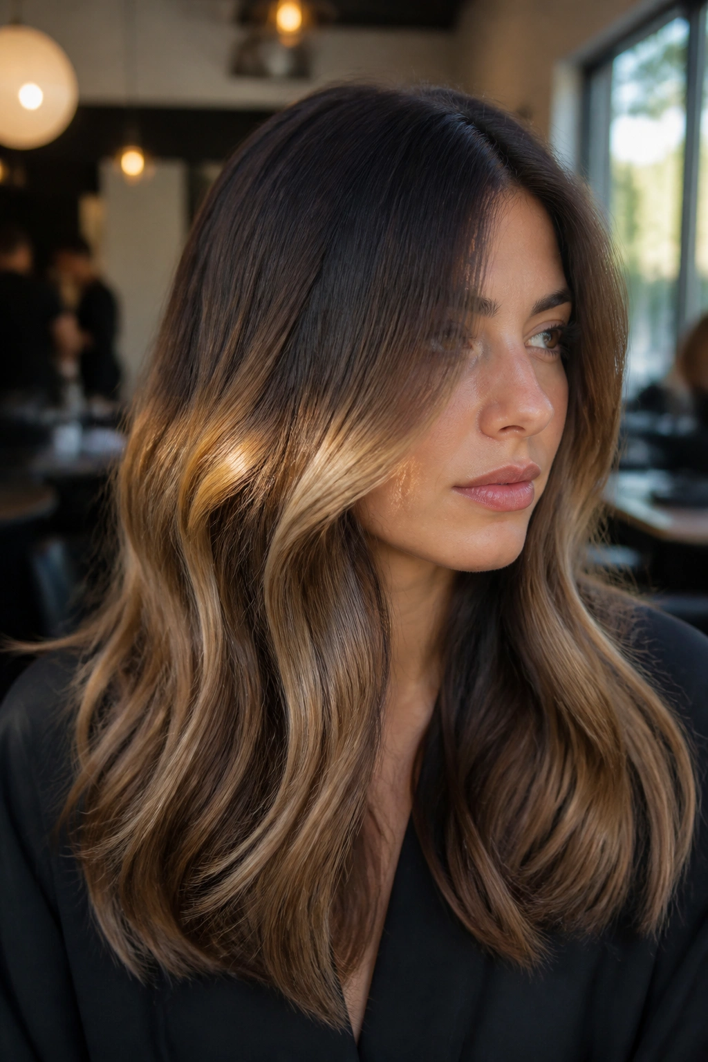 Close-up portrait of a real woman with a splashlight through the mid-lengths of her hair in a salon