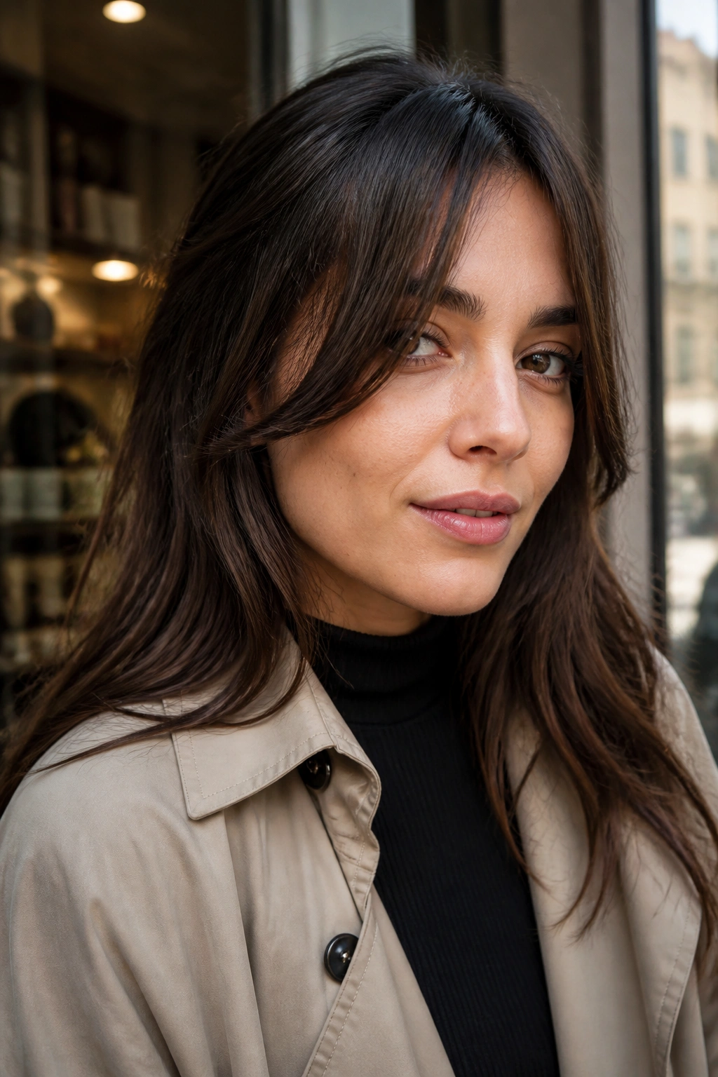 Close-up of a real woman with cheekbone-skimming split bangs along the cheeks