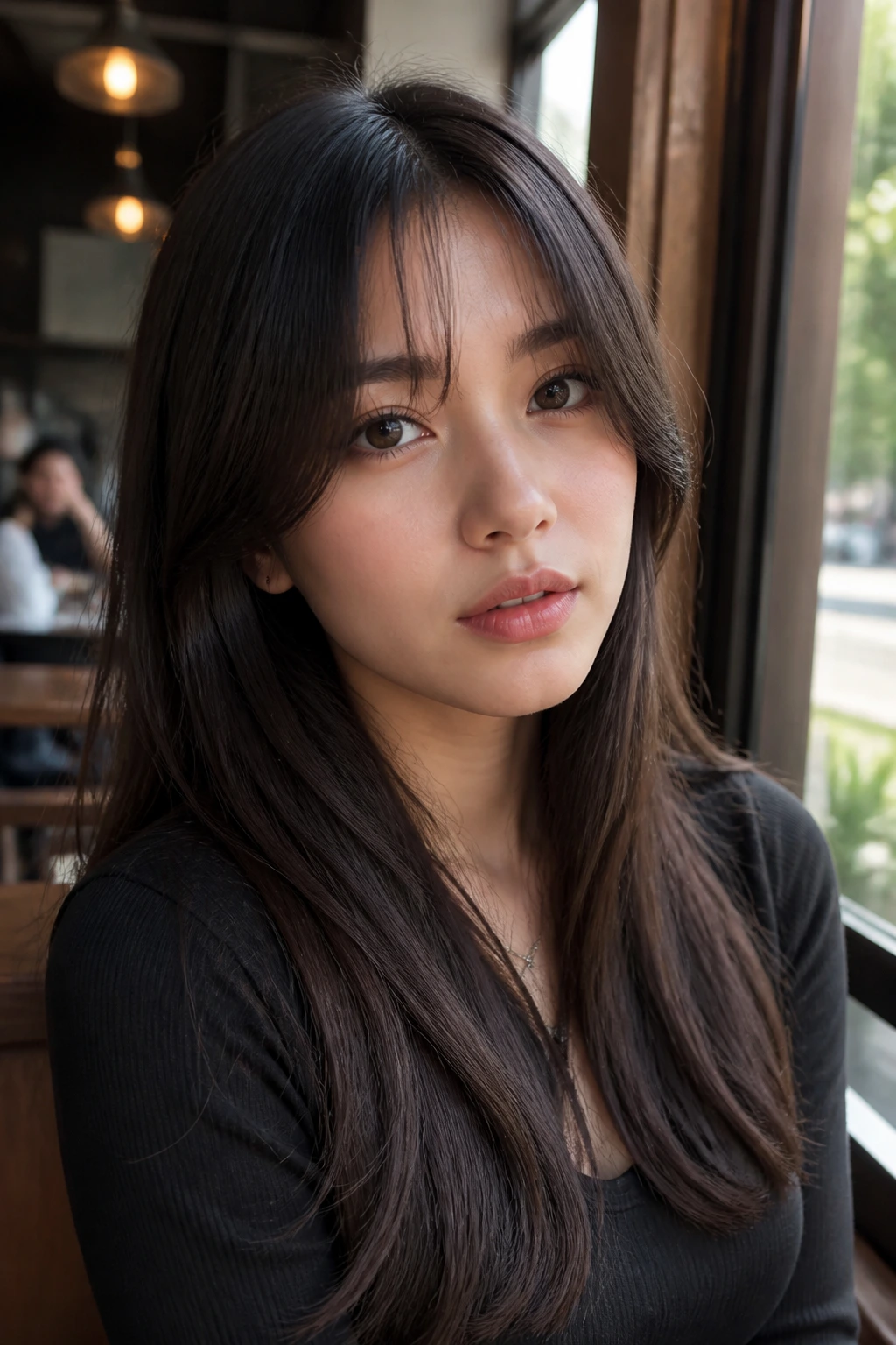Close-up of a real woman with split bangs and a softer middle part