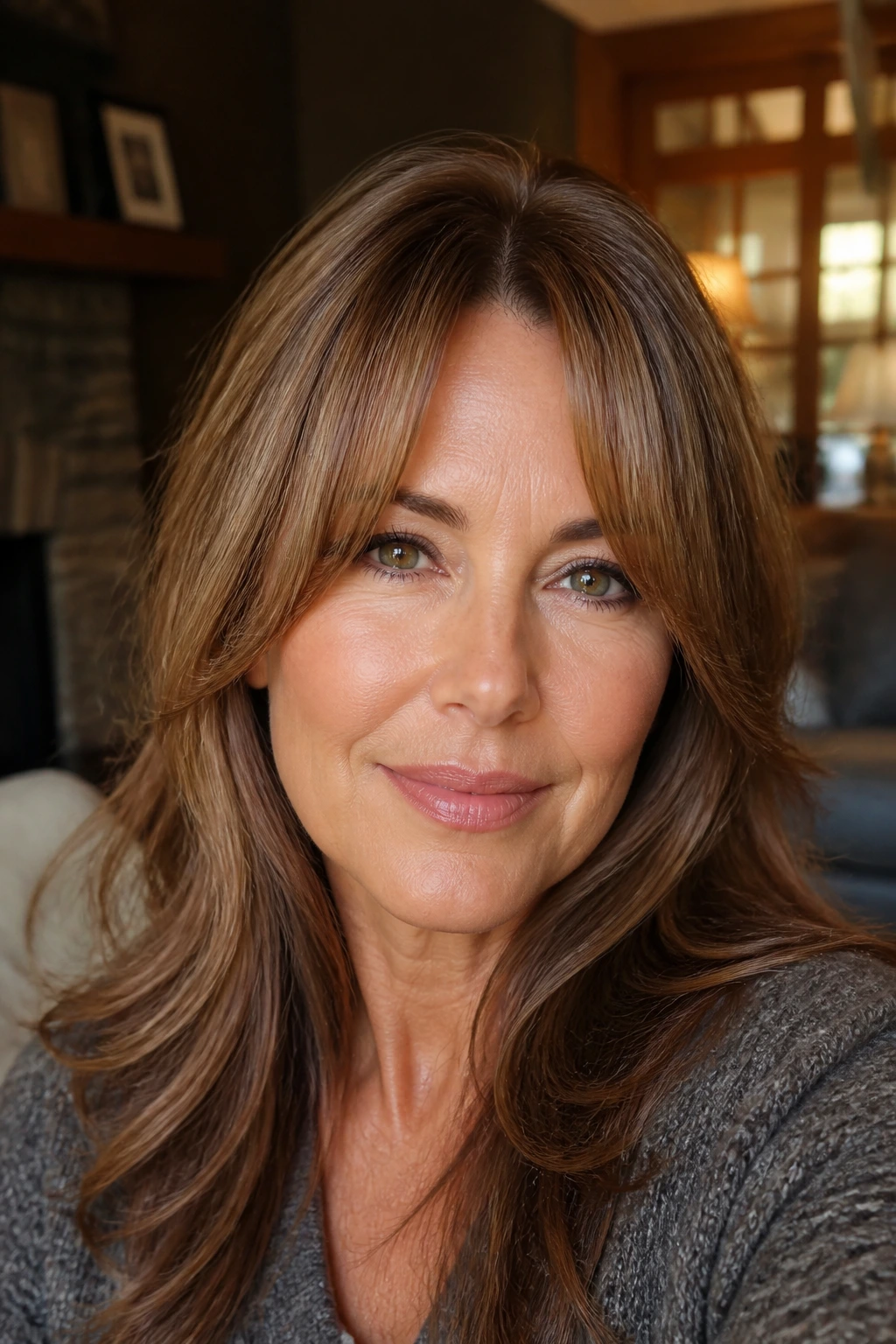 Close-up of a real woman wearing split bangs with a center part and two soft fringe sections