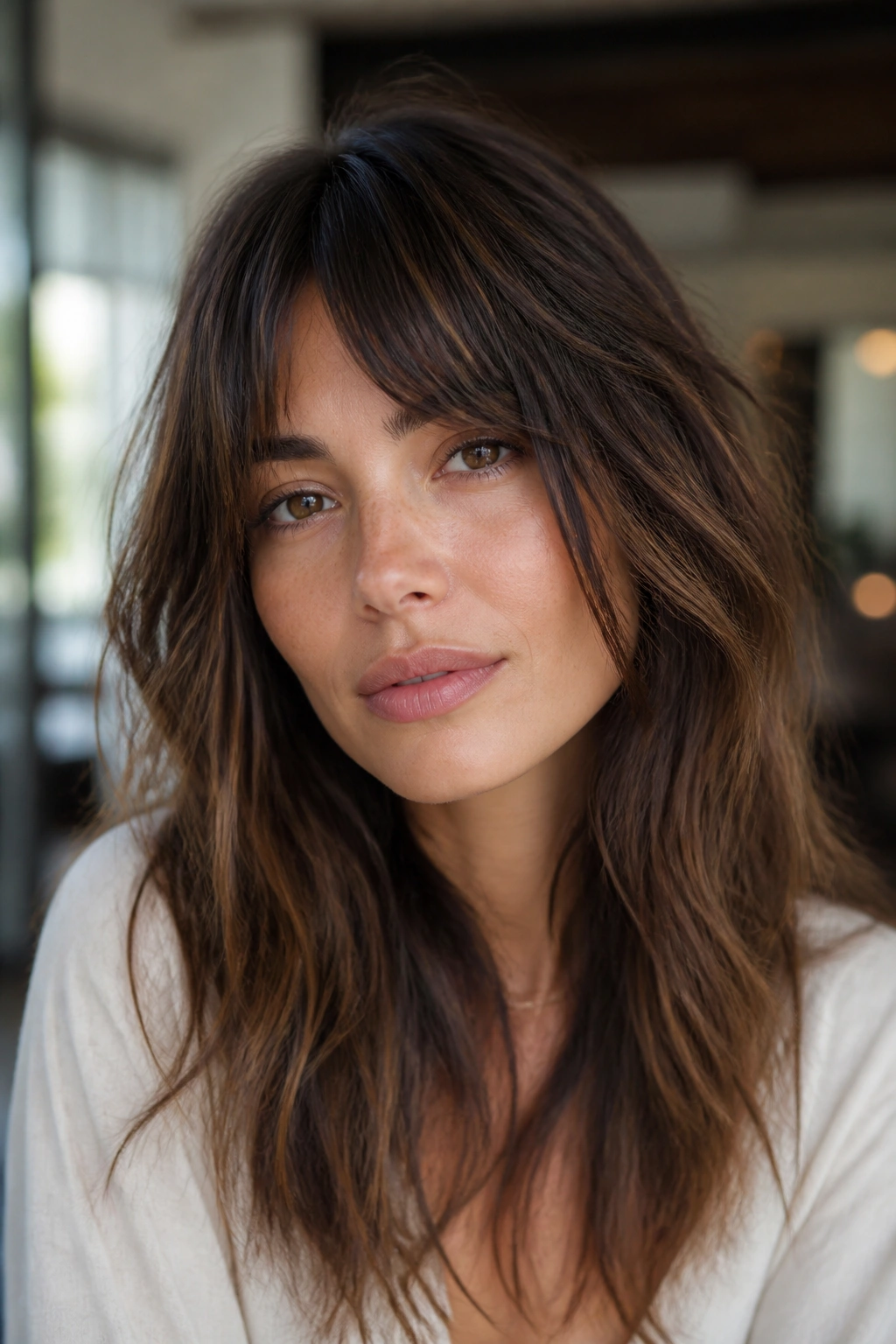 Close-up of a real person with split-center choppy bangs and a relaxed fringe