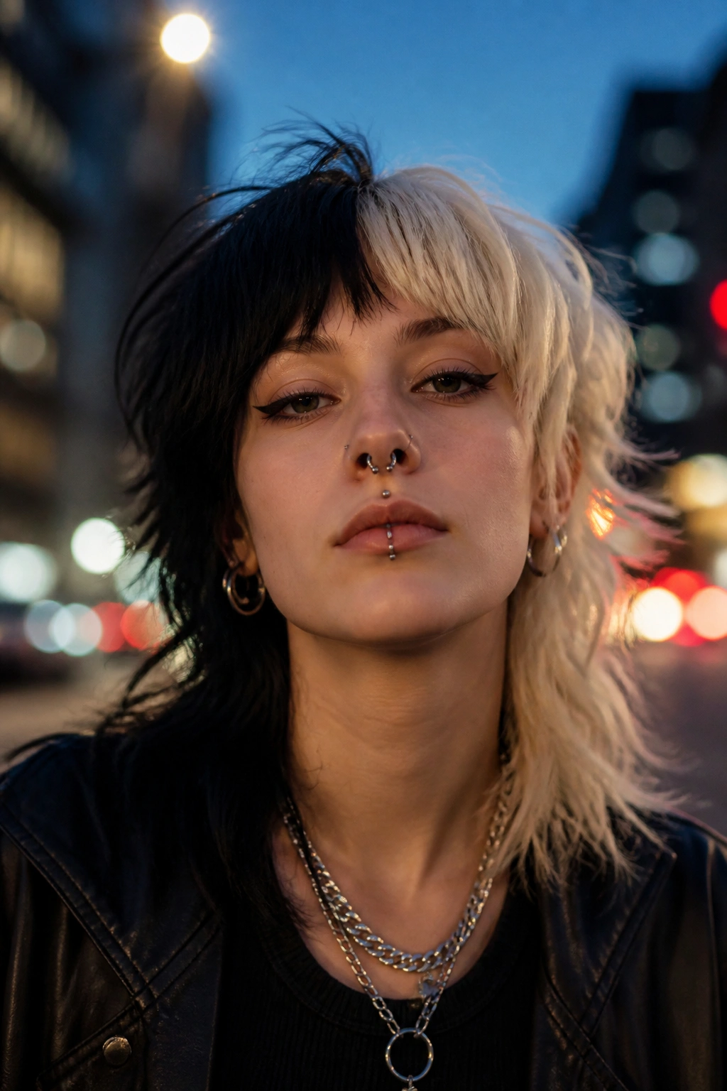 Close-up portrait of a real person with a split-color wolf cut and bold color blocks.