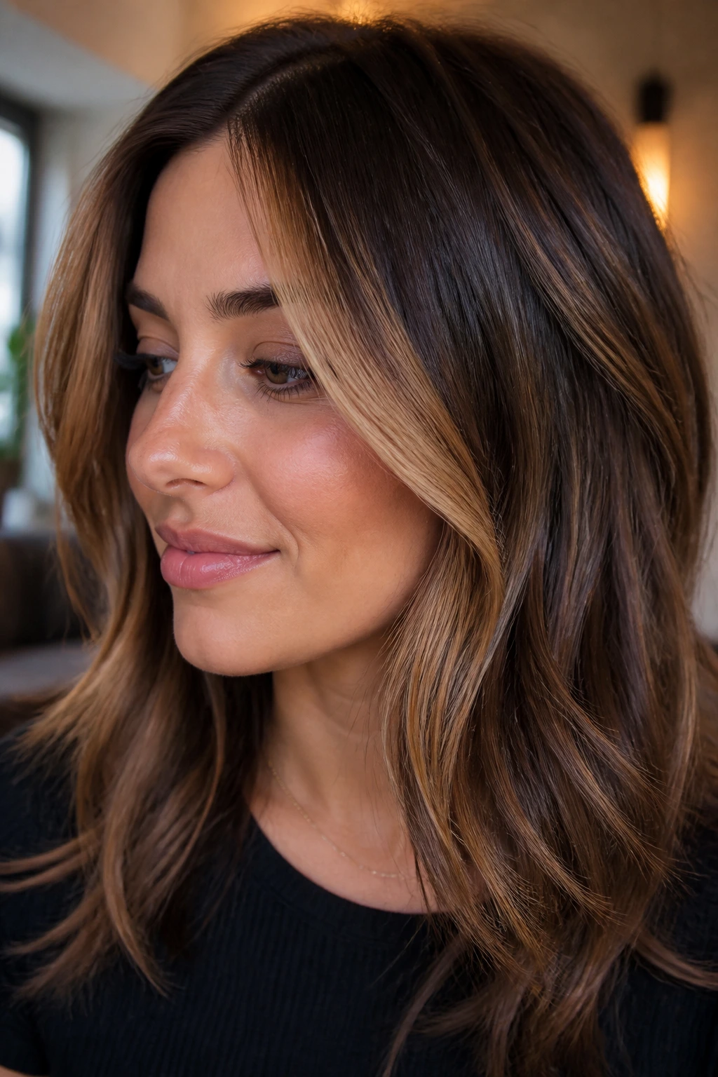Close-up of a real woman showing split-dimension caramel panels on brunette hair with a bright front section and softer back section.