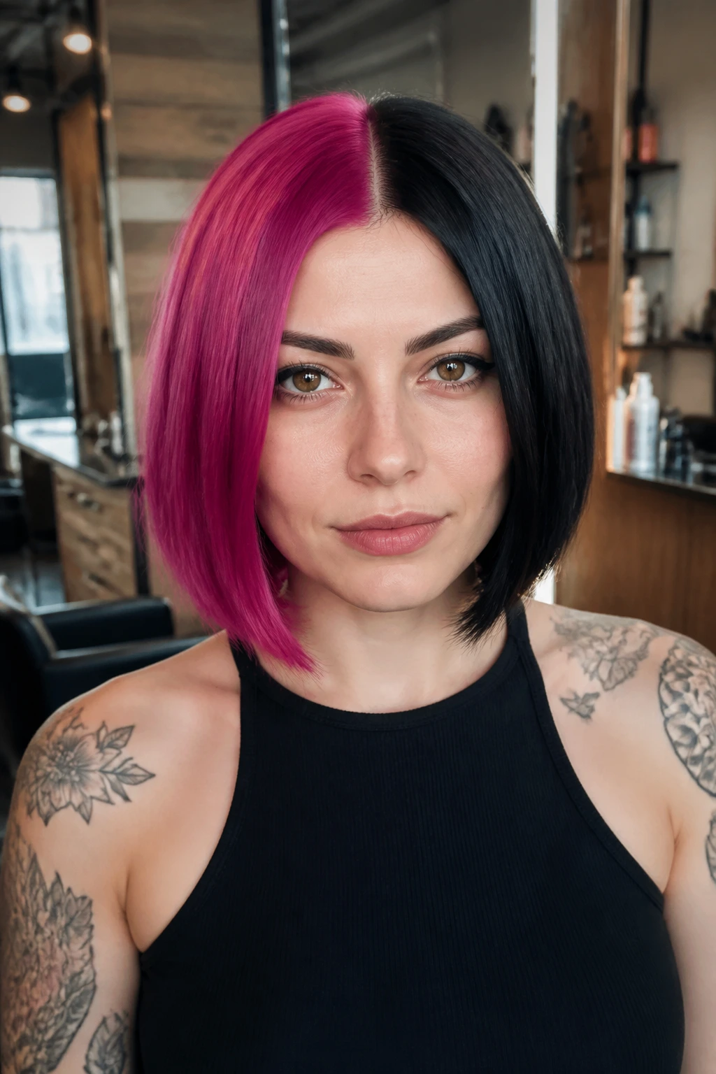 Real woman with split-dye bob and sharp center part