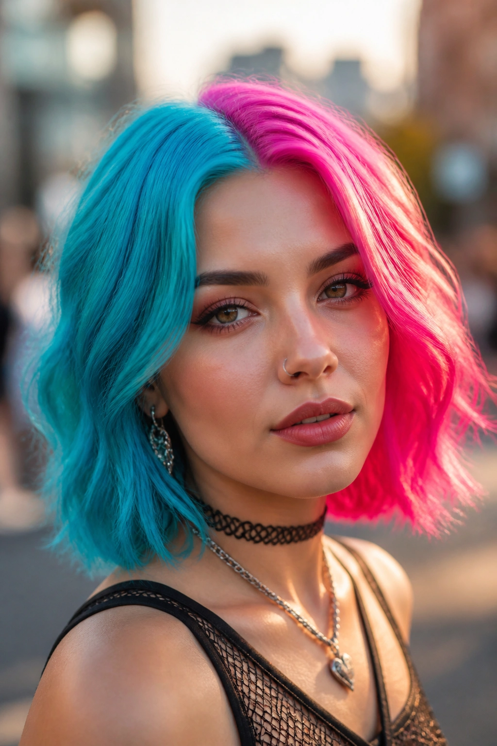 Close-up portrait of a real person with cyan and magenta split hair in a deliberate line