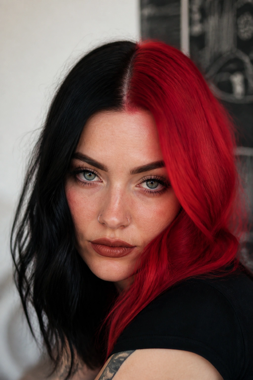 Close-up of person with split-dye hairstyle in black and red halves