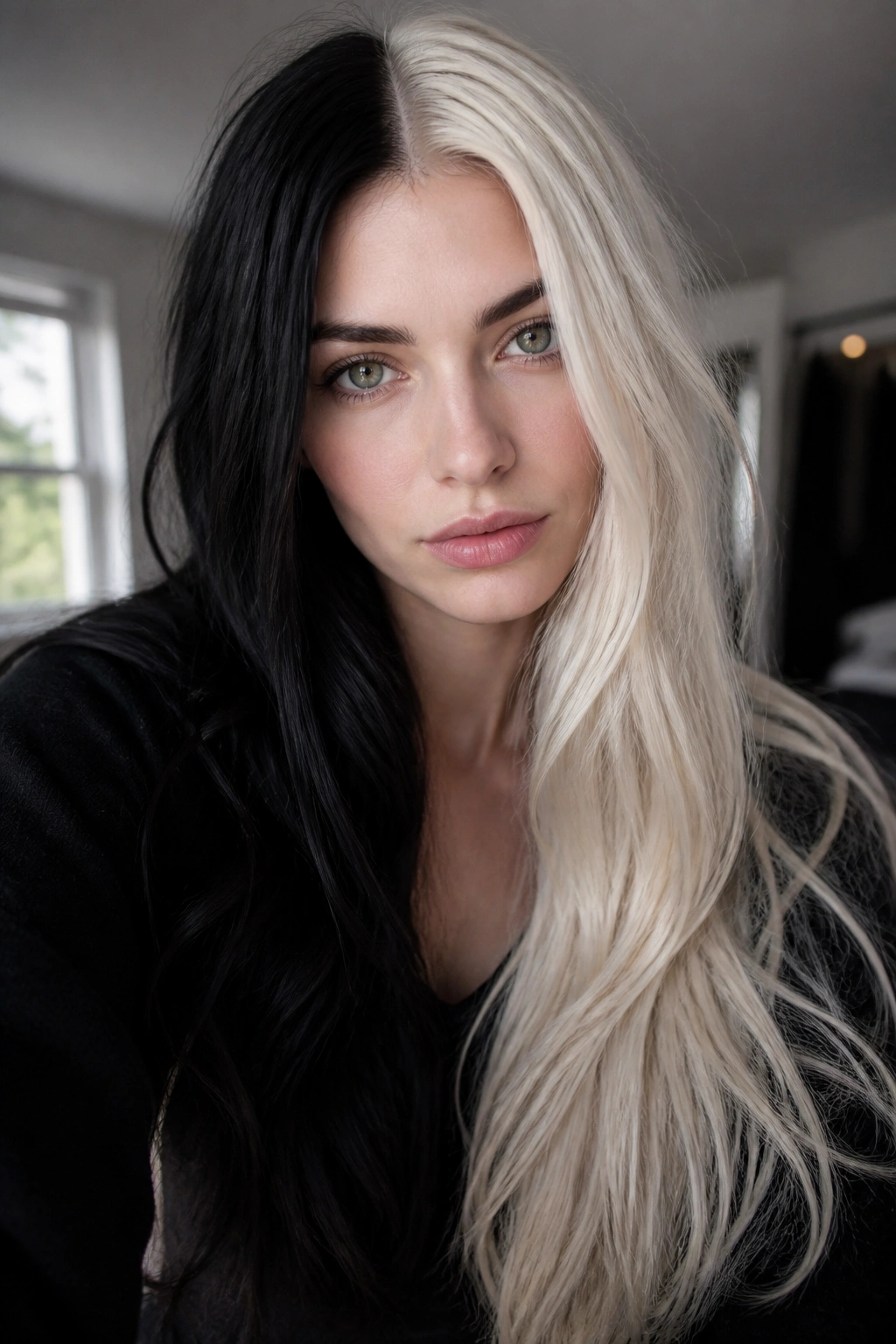 Close-up portrait of a real person with split-dye long hair