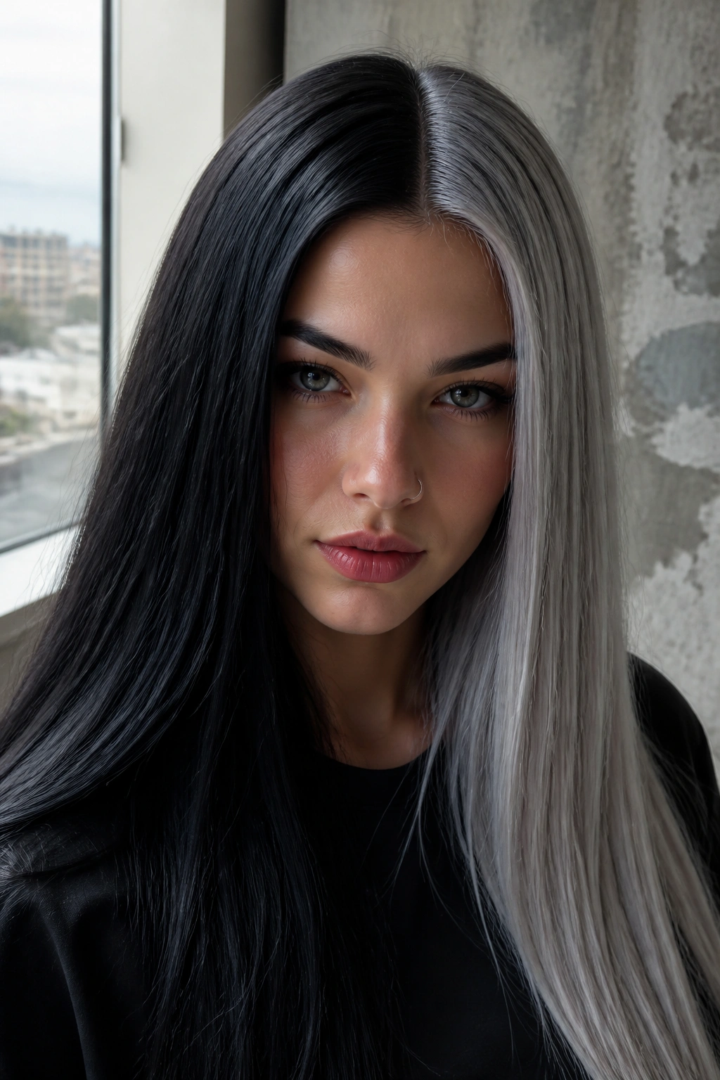 Close-up portrait of a real woman with long, two-tone split-dye hair in black and silver with a center part