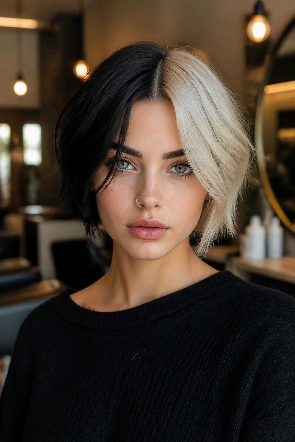 Real person with bold black and platinum split-dye money piece on short hair