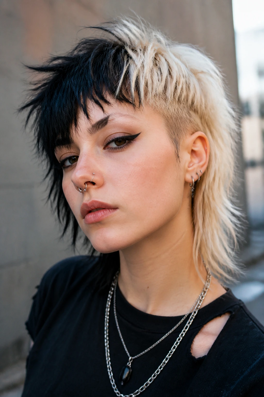 Portrait of a real person with split-dye undercut shag and piecey texture on a city street