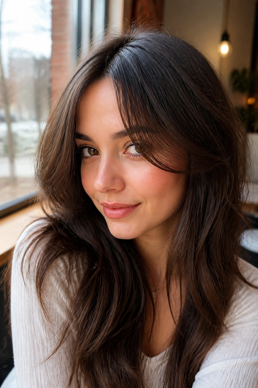 Portrait of a real woman with a center split fringe and outward-swept sides