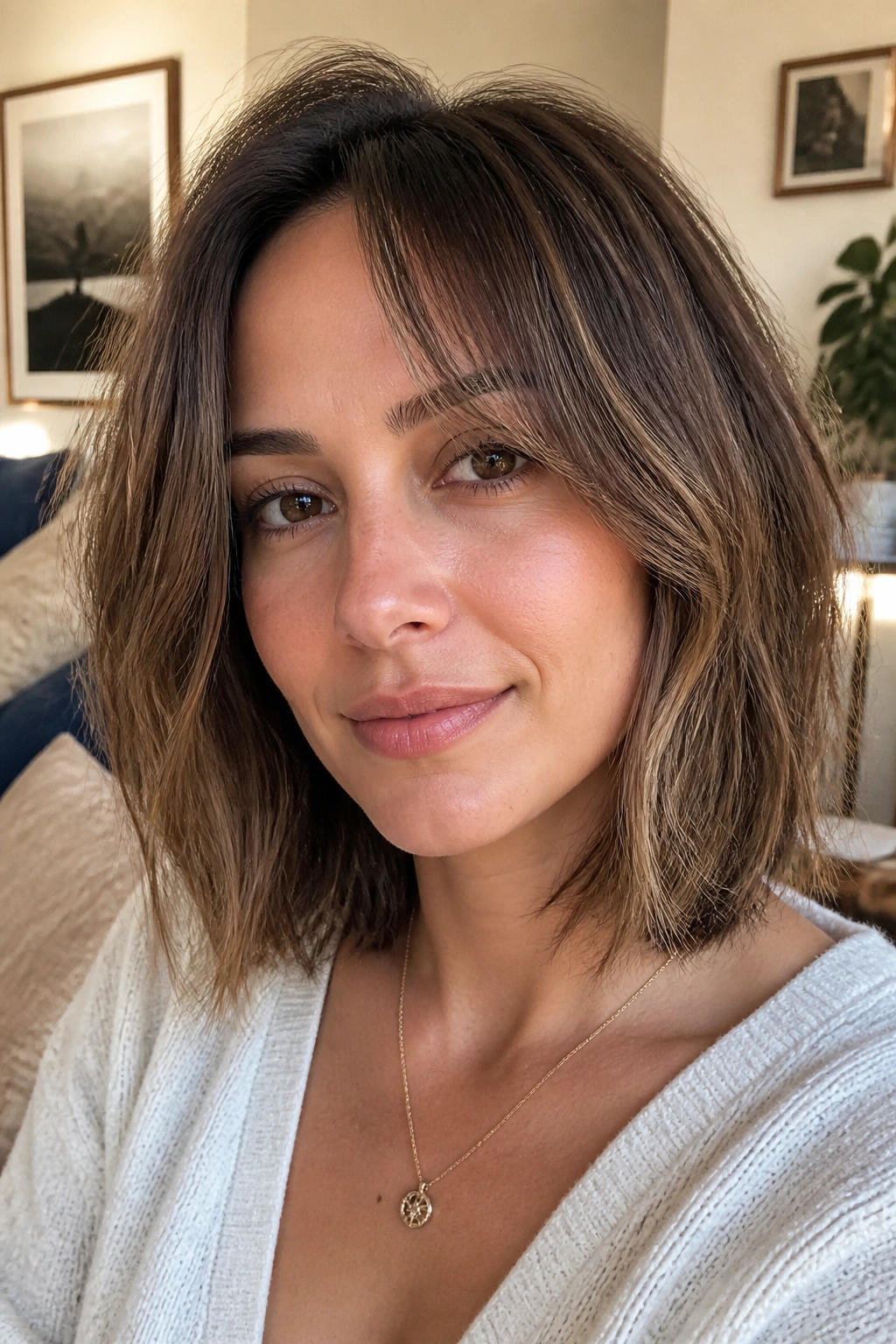 Close-up of a real woman with a loose split fringe on a lob, soft layers framing the face