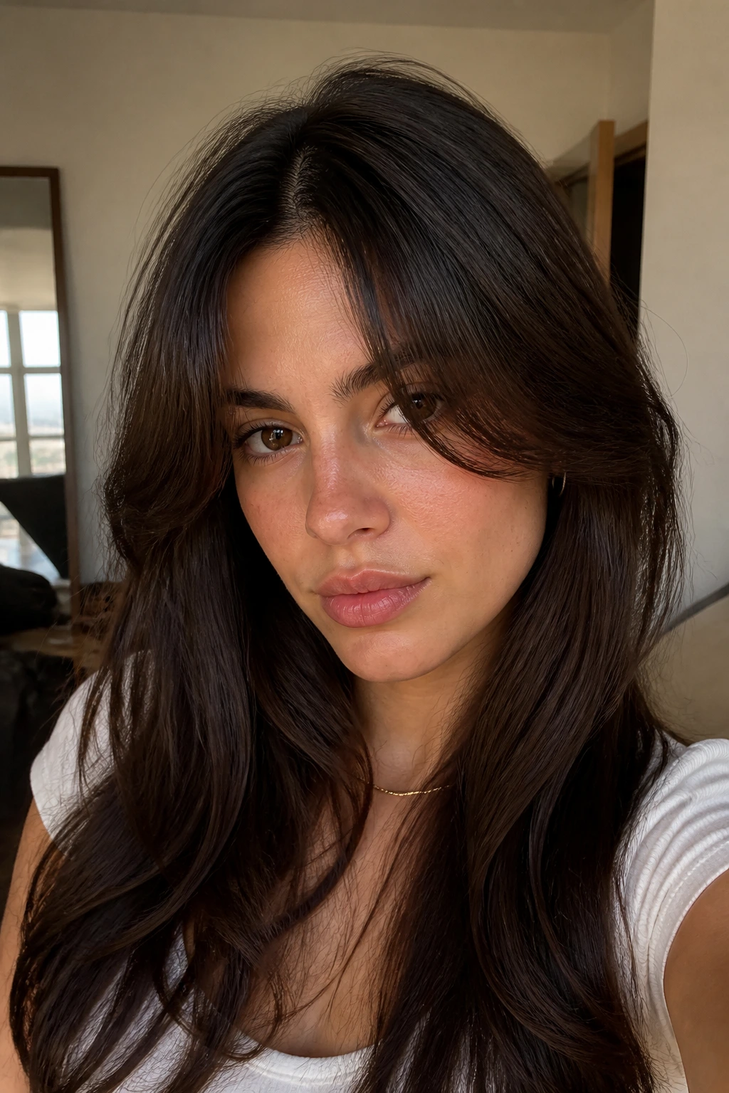 Close-up of a real woman with a middle-split fringe in natural light