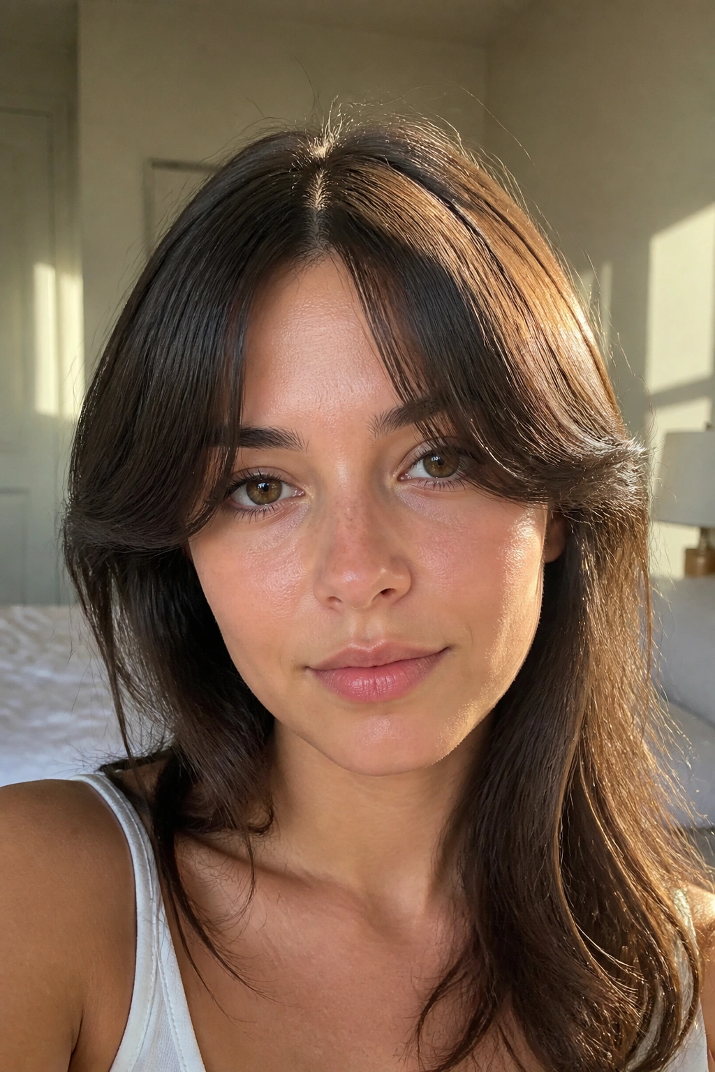 Close-up portrait of a real person with a center-part split fringe