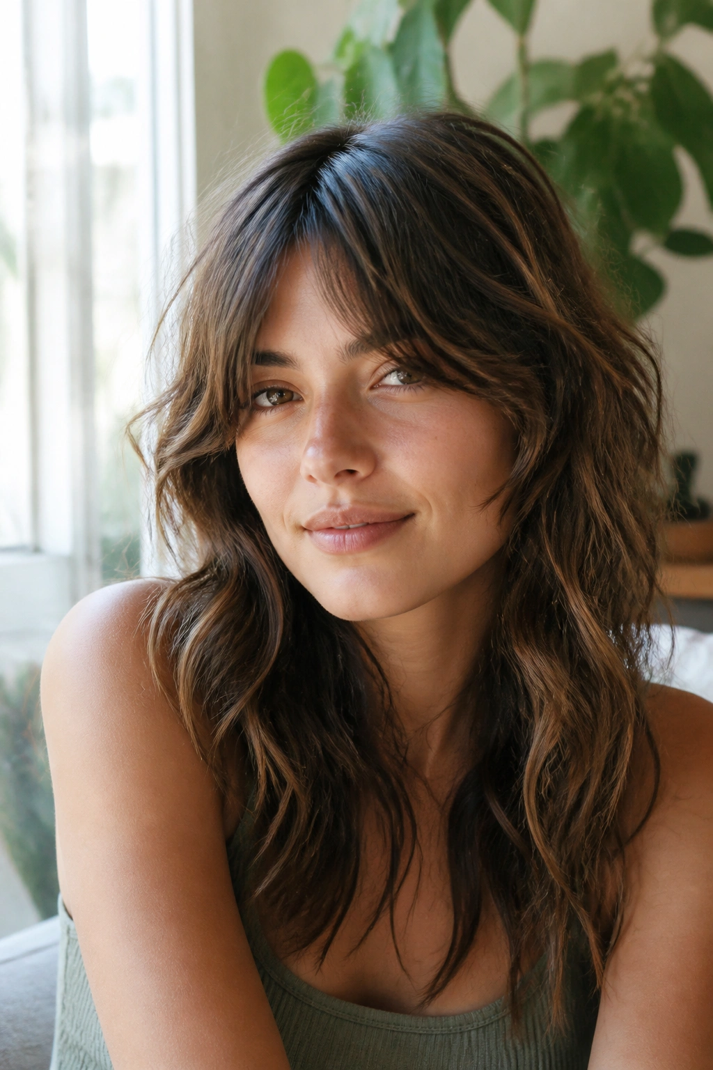 Close-up portrait of a real woman with split fringe and shaggy waves