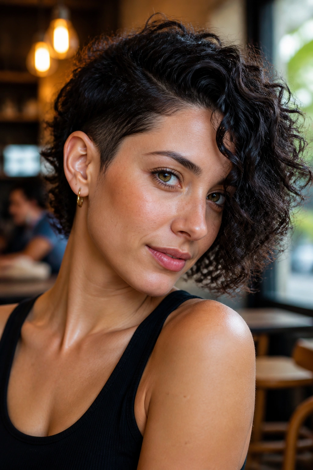 Portrait of a real person with split-length bob exposing one ear and curls.
