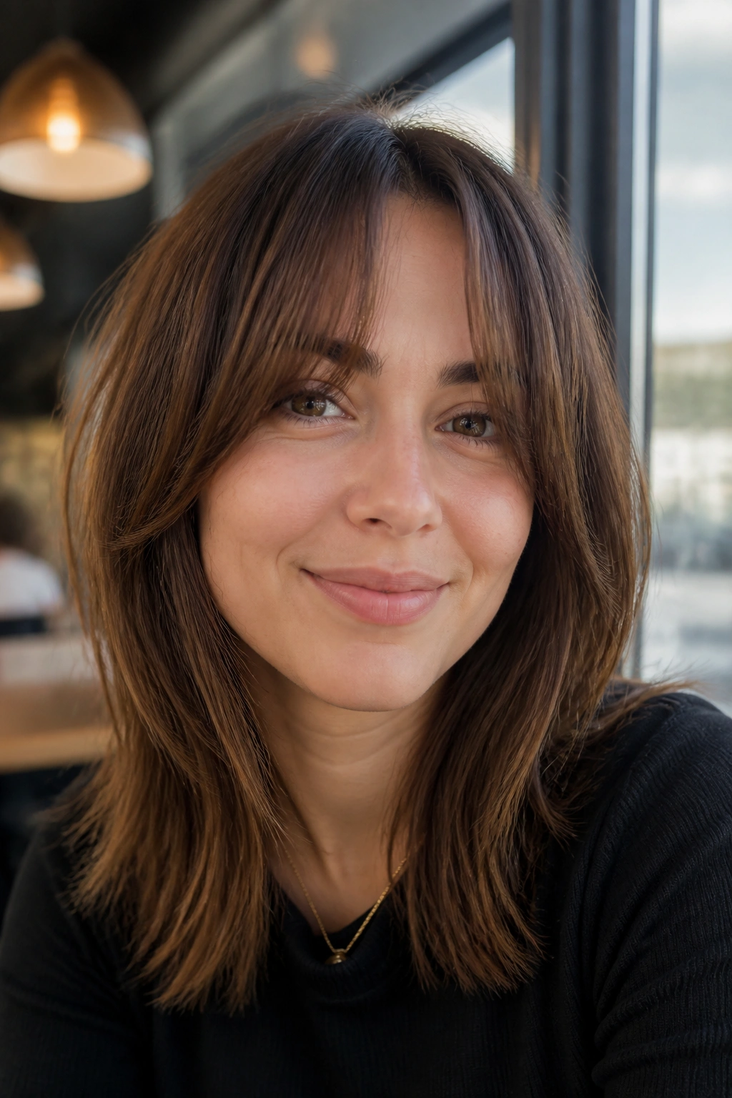 Close-up portrait with a middle-split wispy fringe and open center in natural light.