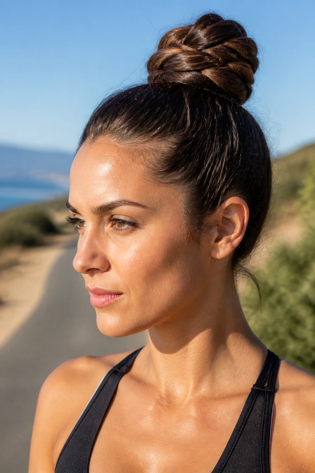 Close-up of a real woman with a sporty fishtail bun for workouts