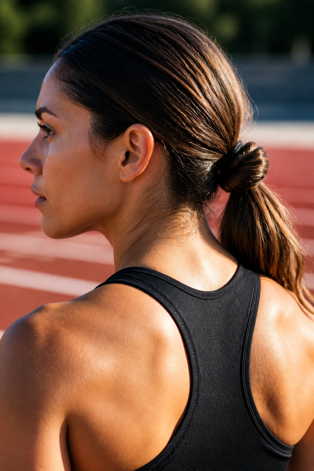 Close-up of a real person wearing a sporty knot ponytail in athletic setting.