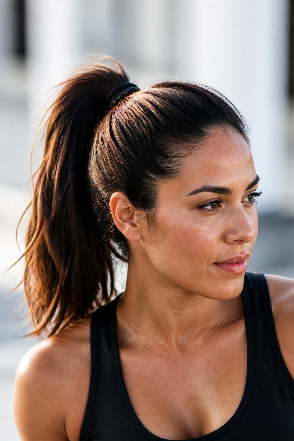 Close-up of a real woman with a high sporty ponytail
