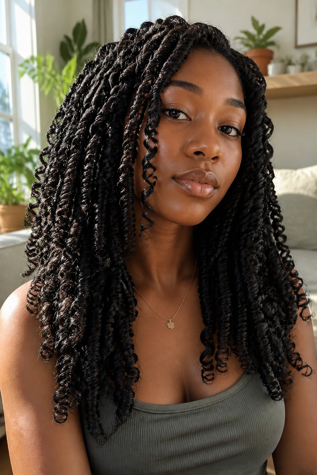 Portrait of person with spring twists in sunny living room light
