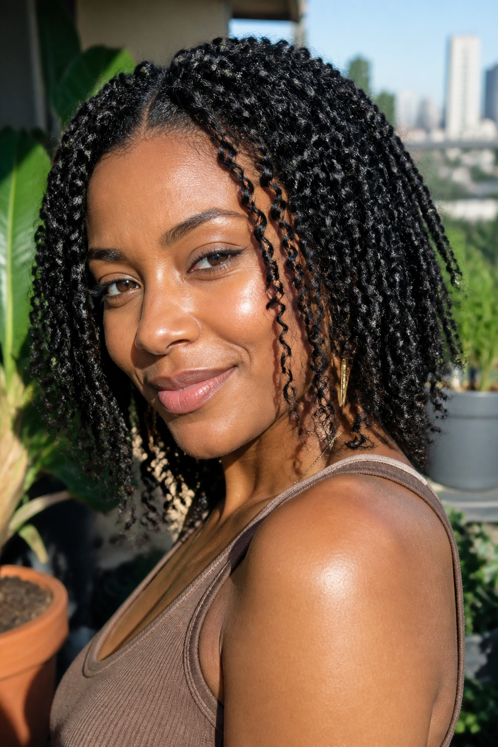 Close-up of a woman with spring twists in sunlit outdoor setting.
