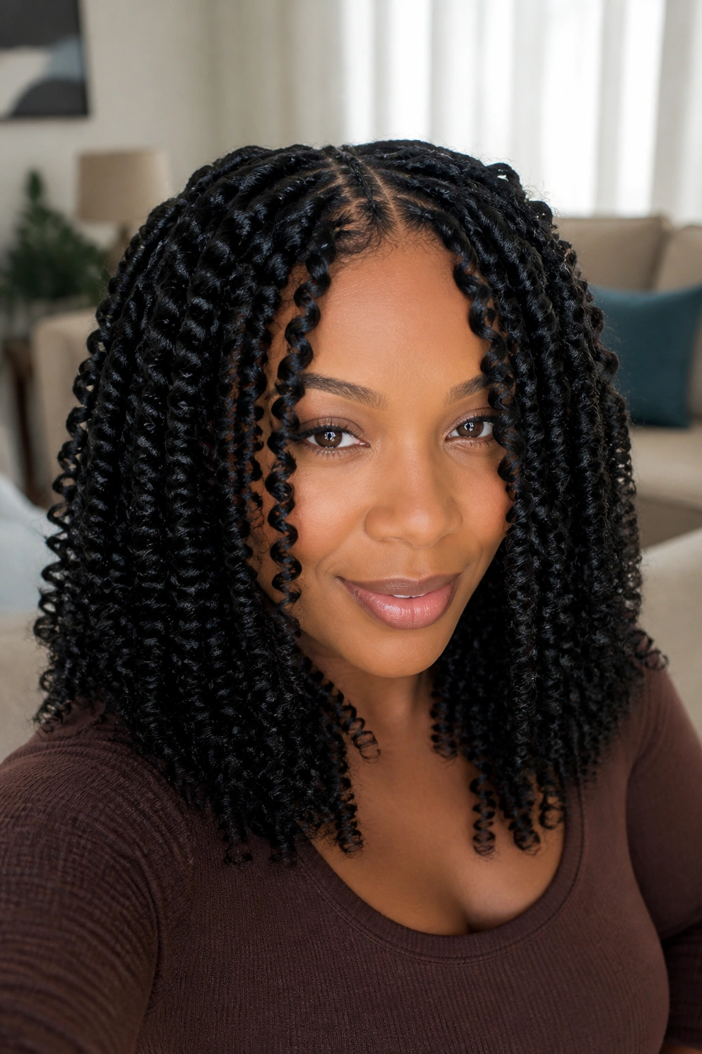 Close-up portrait of a real woman with spring twists in a sunlit living room